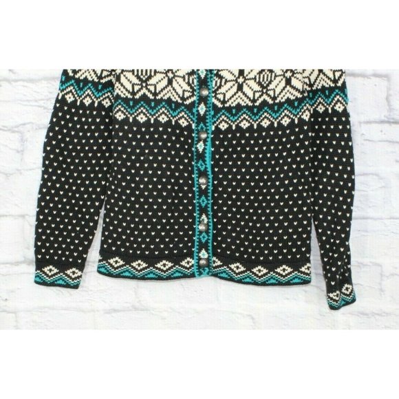 LL Bean Black Snowflakes Fair Cotton Button Down Nordic Sweater Size S - Picture 3 of 9